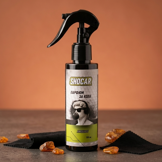 Spray bottle with a label on a brown background