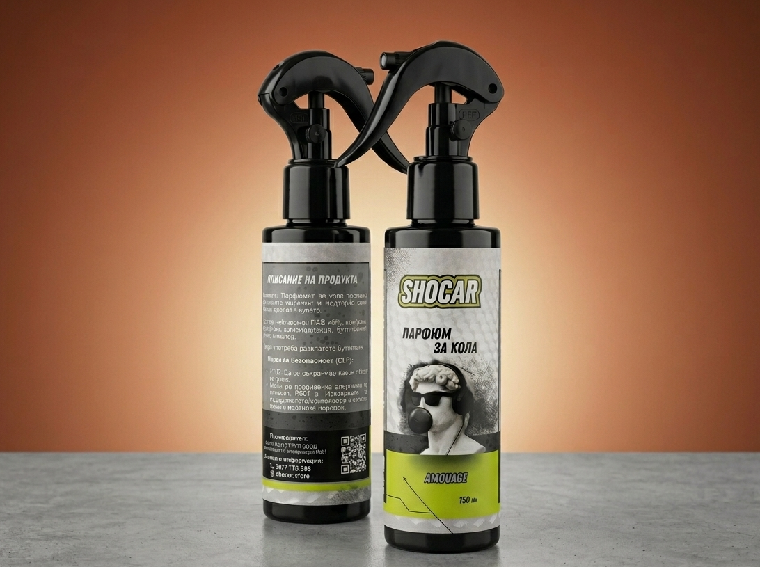 Two Shocar care products on a gray surface with an orange background