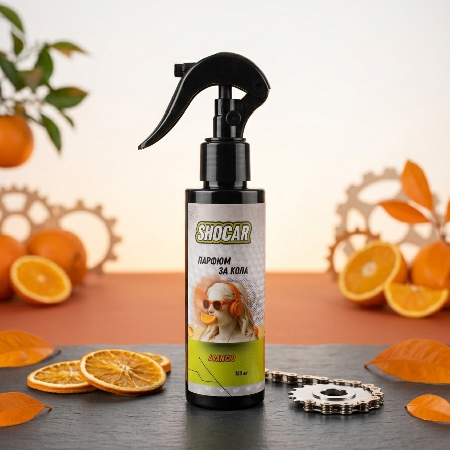Spray bottle labeled 'Shocar' on a table with oranges and leaves in the background