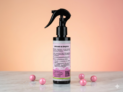 Spray bottle with pink balls on a wooden surface and gradient background