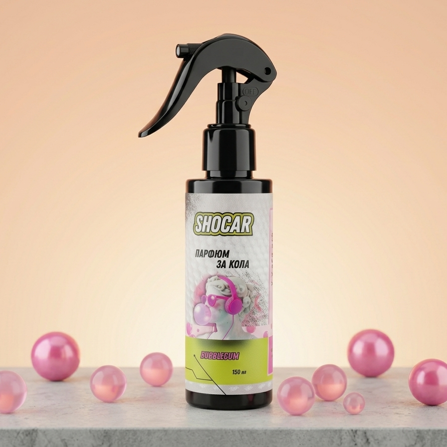 Spray bottle with 'Shocar' label on a light pink background with pink balls around