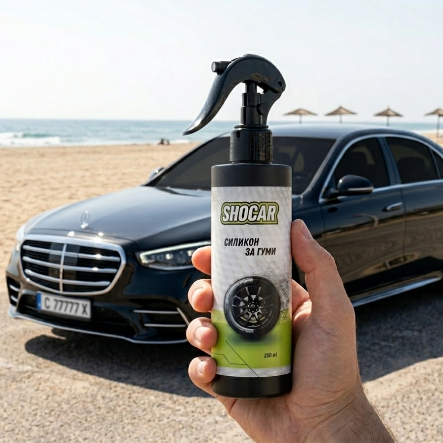 Hand holding a Shocar car cleaning product with a car and beach in the background