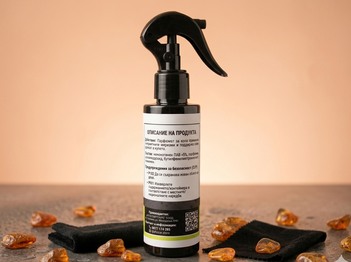 Black spray bottle with a label on a wooden surface with amber-colored stones.